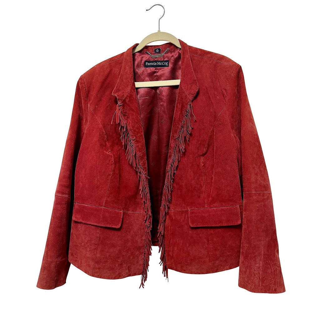 VTG. 90s Pamela McCoy 2X Brick Red Suede Leather Fringe Jacket western Boho